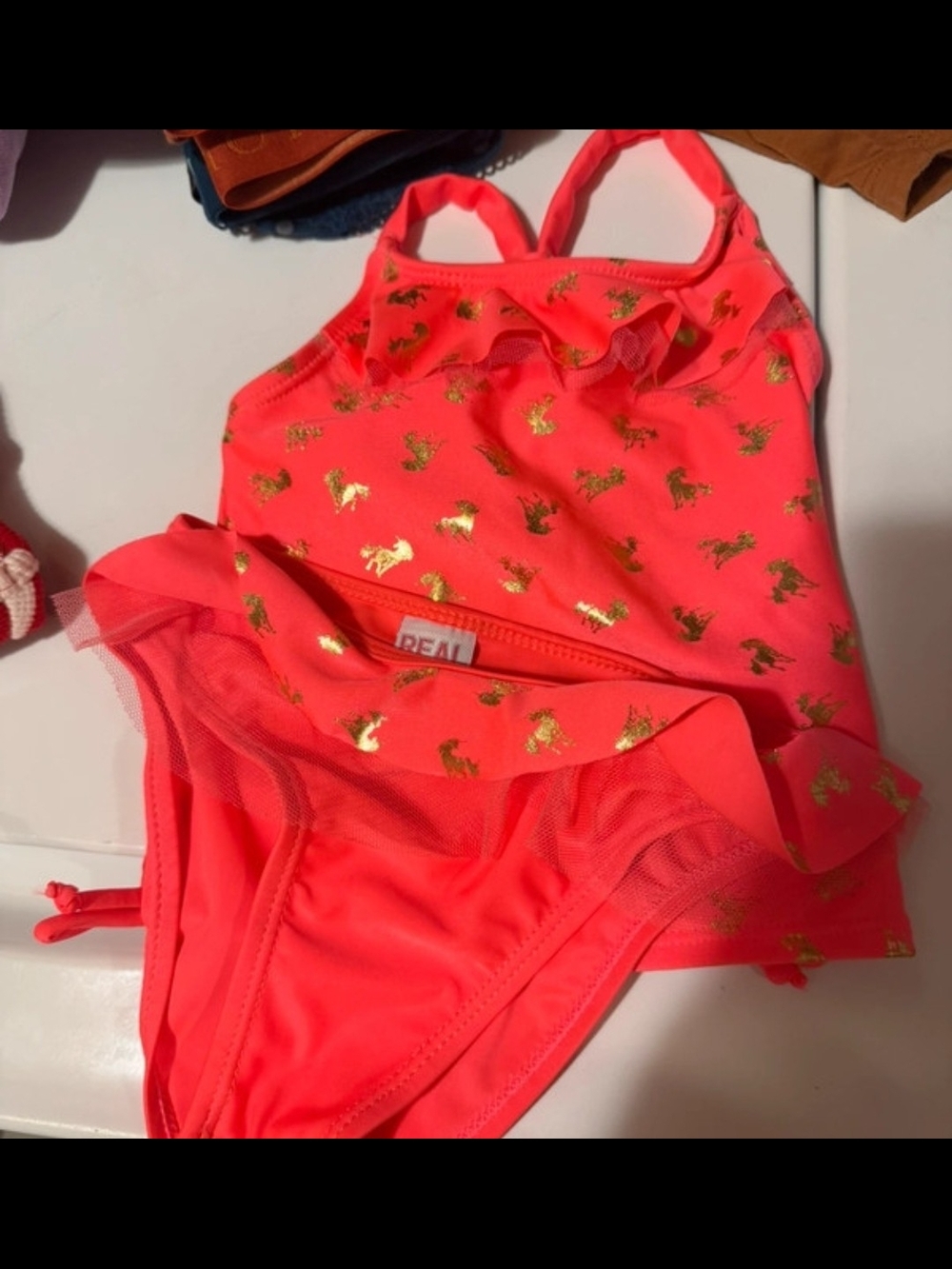Real Love Neon Pink Gold Foil Unicorn 2 Piece Swimsuit Bikini Set 24M